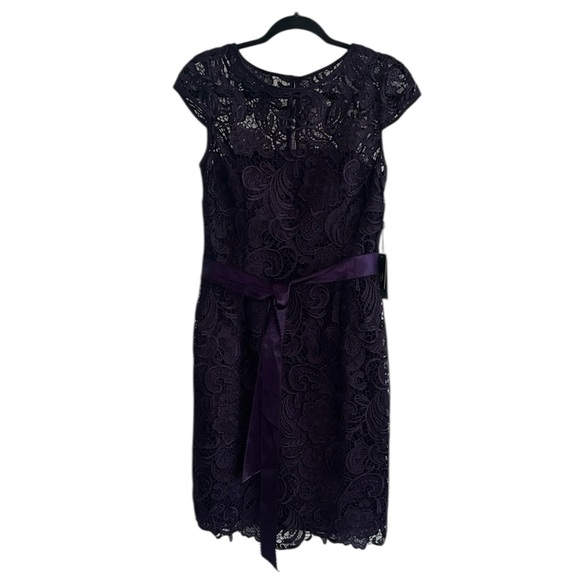 Adrianna Papell Lilac Lace Cap Sleeve Lined Belted Dress Size 8 NWT - Picture 4 of 13